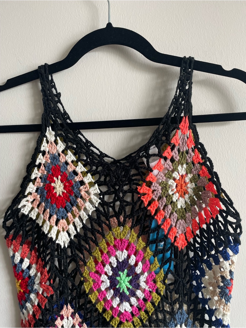 boho festival granny square crochet knit top colorful fringe beach cover up - Picture 3 of 7